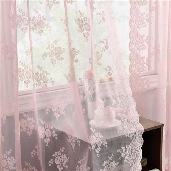 Pink Sheer Curtains for Girls Bedroom - Vintage Floral Sheer Lace Curtains - Picture 4 of 7